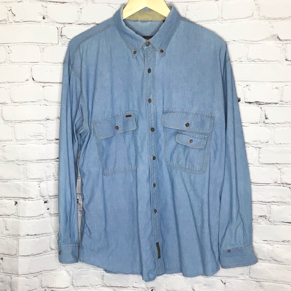 Timberland Weathergear Blue Button Down Chambray Long Sleeve Cotton Shirt Large